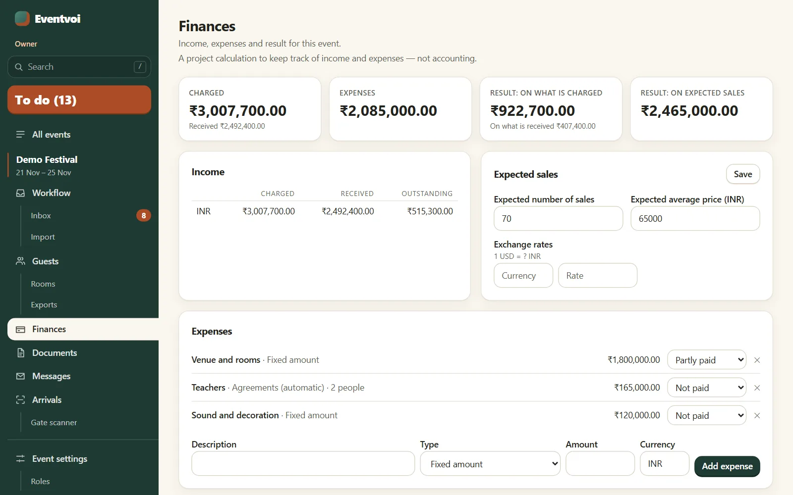 Finances for one event: charged, received, expenses and the result, with income per currency and a list of expenses.